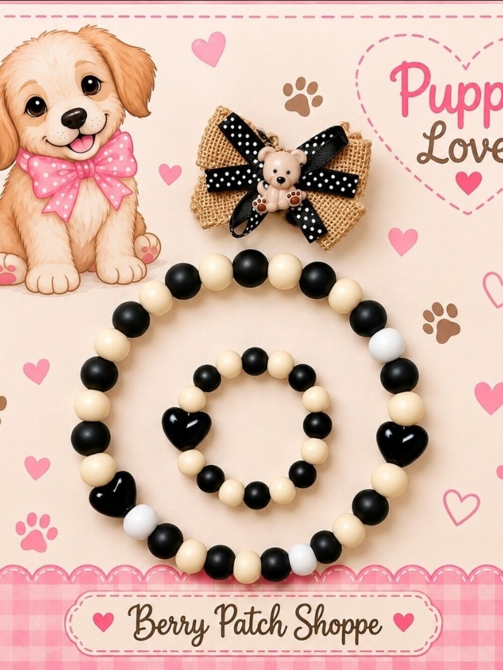 Puppy Dog Love Hair Bow & Bubblegum Bead Necklace Bracelet Jewelry Set